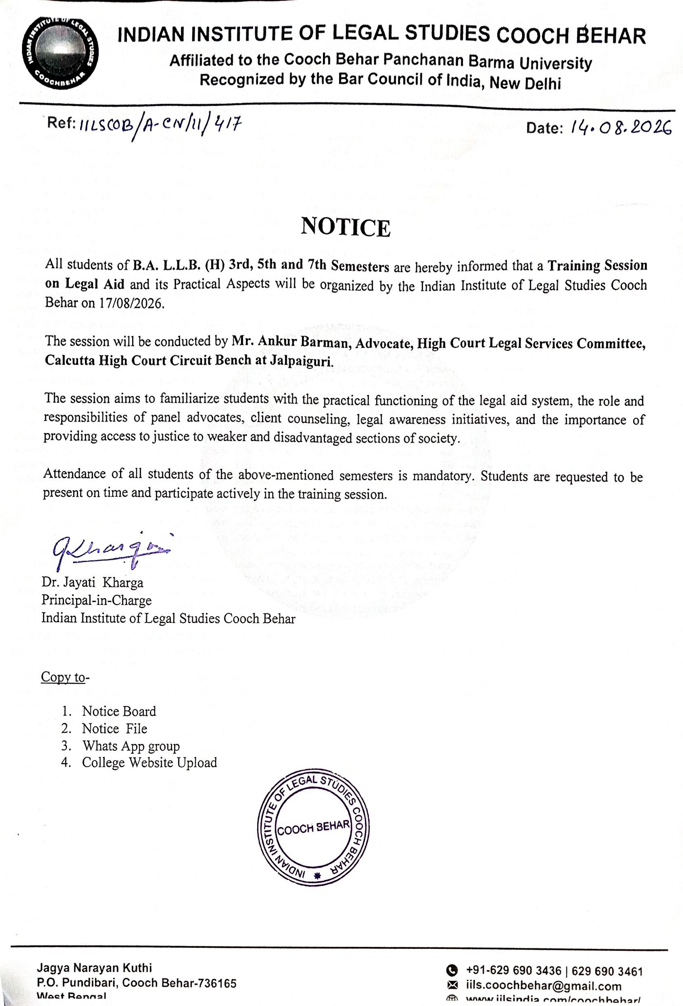 Notice for Training Session on Legal Aid